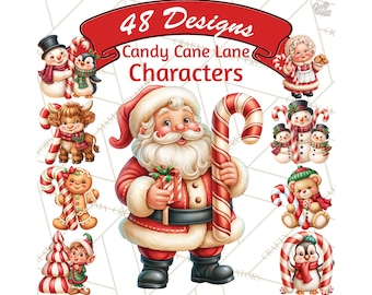48 Candy Cane Lane Christmas Clipart Vintage Characters Christmas PNG Clip Art Santa Snowman Reindeer Holiday Illustrations
