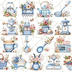 Blå Cottagecore kök Clipart, blommig kök PNG, vintage köksredskap, rustika rätter, lantliga matlagningselement, mysig köksinredning bild 7