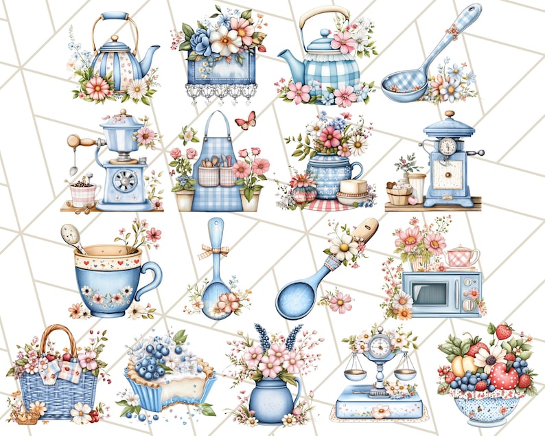 Blå Cottagecore kök Clipart, blommig kök PNG, vintage köksredskap, rustika rätter, lantliga matlagningselement, mysig köksinredning bild 7
