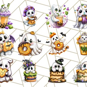 May include: A collection of whimsical illustrations featuring cute cartoon ghosts. Each ghost is depicted with various treats like boba tea, donuts, and cakes, with Halloween-themed accents such as bats and pumpkins. The ghosts are in a variety of poses.