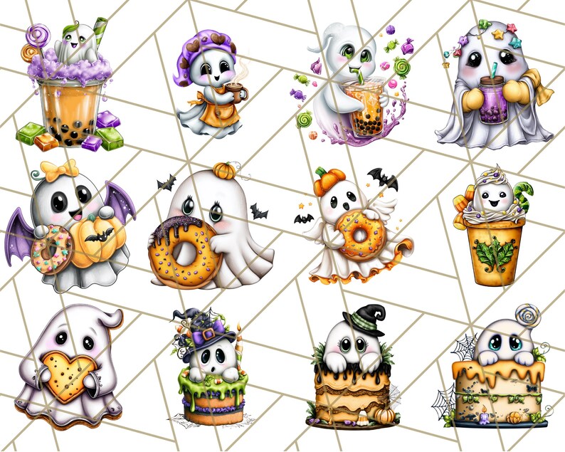 May include: A collection of whimsical illustrations featuring cute cartoon ghosts. Each ghost is depicted with various treats like boba tea, donuts, and cakes, with Halloween-themed accents such as bats and pumpkins. The ghosts are in a variety of poses.