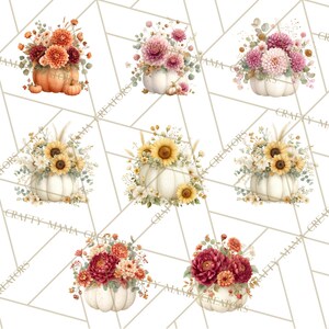 Op de afbeelding: Waterverfillustraties van pompoenen gevuld met bloemen. De pompoenen zijn wit en oranje en de bloemen zijn in tinten oranje, rood, roze en geel. De afbeelding heeft een herfstthema.