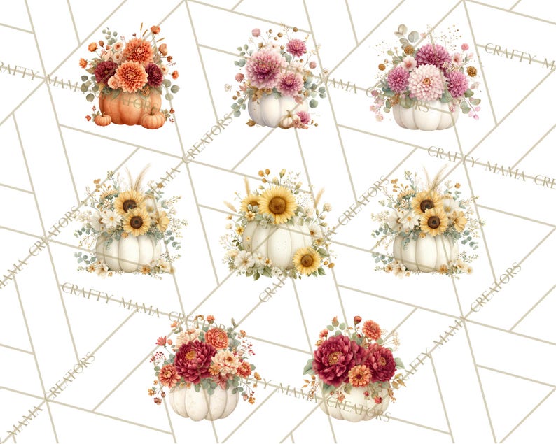 Op de afbeelding: Waterverfillustraties van pompoenen gevuld met bloemen. De pompoenen zijn wit en oranje en de bloemen zijn in tinten oranje, rood, roze en geel. De afbeelding heeft een herfstthema.