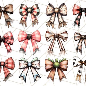 May include: Twelve different watercolor illustrations of bows with various patterns and colors. The bows are all tied with a knot in the center and have frayed edges. The bows are arranged in a grid pattern on a white background.