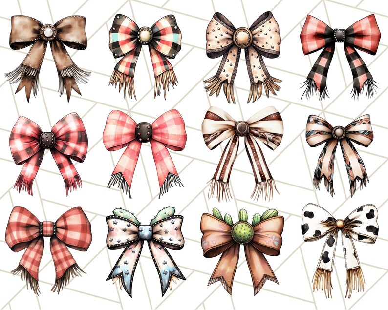 May include: Twelve different watercolor illustrations of bows with various patterns and colors. The bows are all tied with a knot in the center and have frayed edges. The bows are arranged in a grid pattern on a white background.