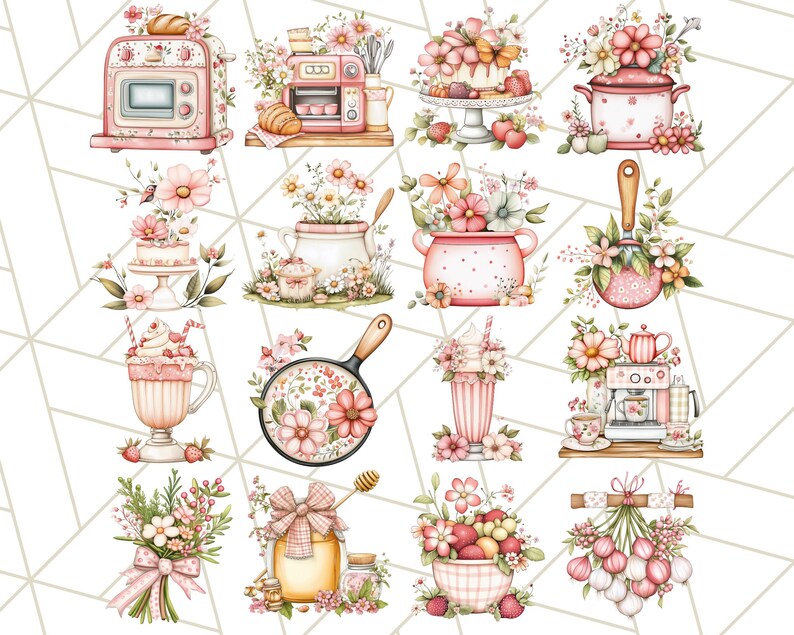 vintage floral kitchen scene clipart set graphic by... Cottage Core Kitchen Clipart, Floral Kitchen PNG, Vintage Kitchen ...