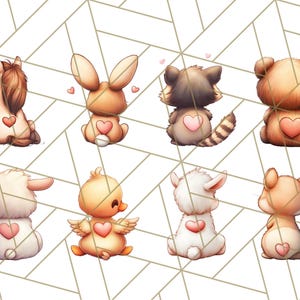 May include: A set of eight adorable animal illustrations with hearts on their backs. The animals include a horse, rabbit, raccoon, bear, lamb, duck, lamb, and a hamster.