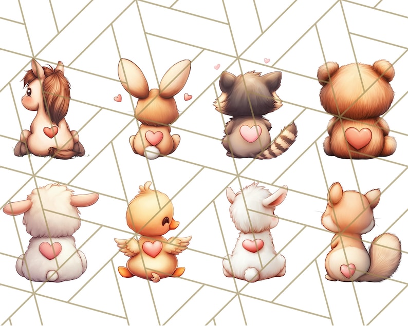 May include: A set of eight adorable animal illustrations with hearts on their backs. The animals include a horse, rabbit, raccoon, bear, lamb, duck, lamb, and a hamster.