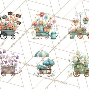 K&ouml;nnte beinhalten: Aquarellillustrationen von Blumenwagen in verschiedenen Designs. Jeder Wagen ist mit bunten Blumen gef&uuml;llt und hat einen einzigartigen Stil, darunter ein Wagen mit Preisschildern. Die Wagen sind in Blau-, Gr&uuml;n- und Rosat&ouml;nen auf wei&szlig;em Hintergrund dargestellt.