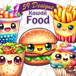 Kawaii Food Bundle, Cute Cartoon Food PNG, Adorable Snacks, Fun Food Characters, Happy Food Faces, Digital Clipart Playful Food Illustration