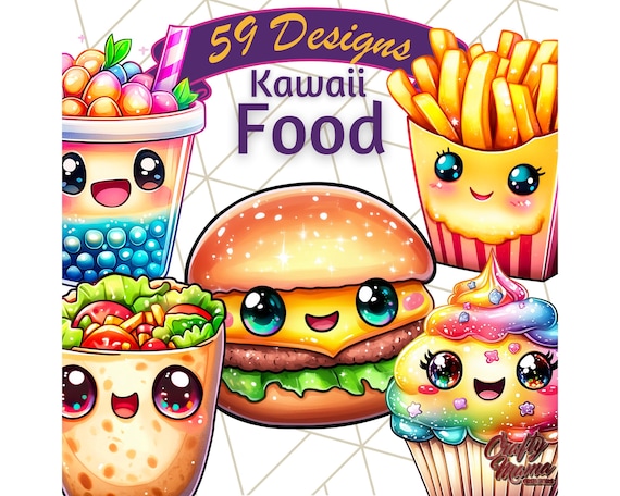 Kawaii Food Bundle, Cute Cartoon Food PNG, Adorable Snacks, Fun Food Characters, Happy Food Faces, Digital Clipart Playful Food Illustration