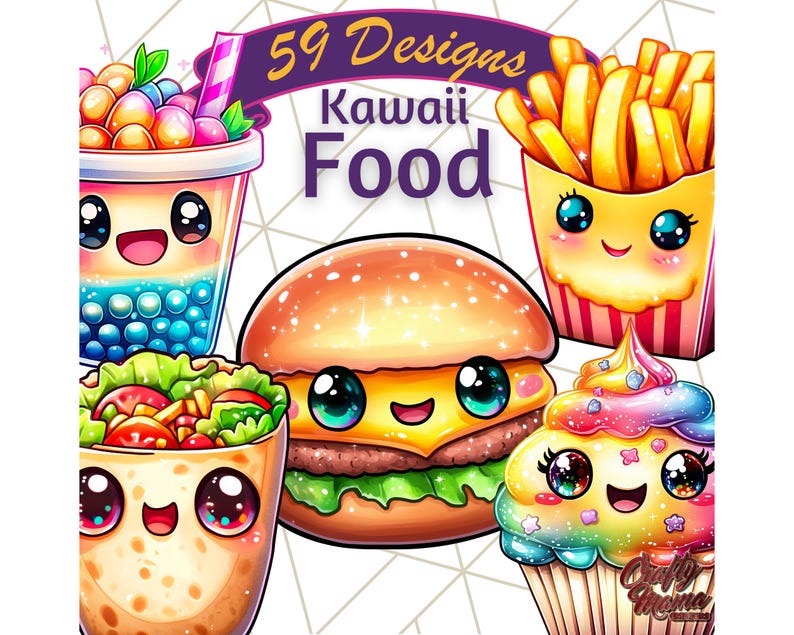 Puede incluir: 59 Dise&ntilde;os Kawaii Food con una variedad de ilustraciones de comida lindas, que incluyen un bubble tea, una hamburguesa, un burrito, papas fritas y un cupcake.