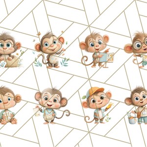 May include: A collection of eight cartoon monkey illustrations. Each monkey is depicted in a unique pose, some holding objects like bananas, a sign, or a bag. The monkeys have brown fur, large eyes, and are set against a white background with a geometric pattern.