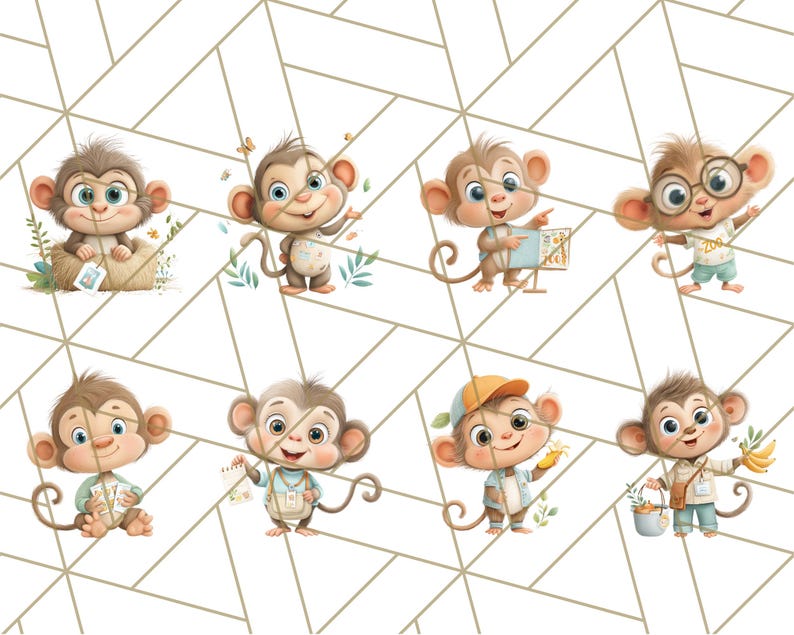 May include: A collection of eight cartoon monkey illustrations. Each monkey is depicted in a unique pose, some holding objects like bananas, a sign, or a bag. The monkeys have brown fur, large eyes, and are set against a white background with a geometric pattern.