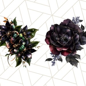 May include: Two bouquets of dark purple and green flowers with gold accents. The flowers are arranged in a romantic style.