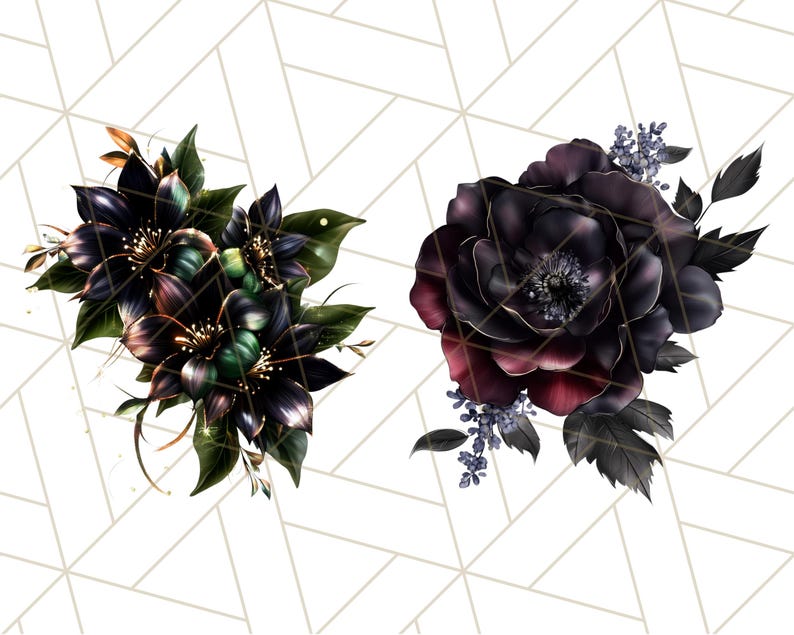 May include: Two bouquets of dark purple and green flowers with gold accents. The flowers are arranged in a romantic style.