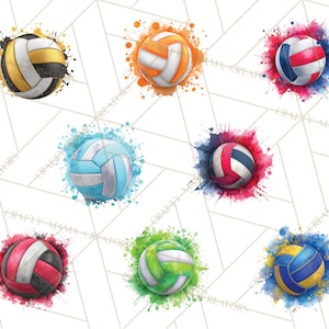 May include: Watercolor-style volleyballs in various colors, including gold, orange, blue, and red, each surrounded by a splash of matching paint. The volleyballs have white panels and are set against a white geometric background.