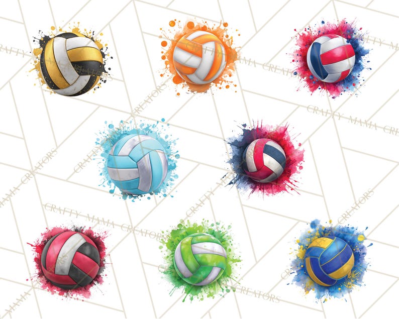 May include: Watercolor-style volleyballs in various colors, including gold, orange, blue, and red, each surrounded by a splash of matching paint. The volleyballs have white panels and are set against a white geometric background.