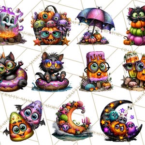 May include: A collection of whimsical Halloween-themed illustrations. The images feature cartoon characters like ghosts, cats, pumpkins, and monsters, all with vibrant colors and playful designs. Some characters wear sunglasses and are set in beach scenes.