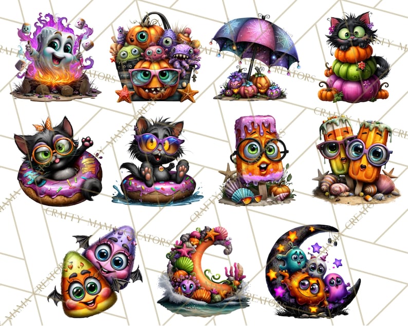 May include: A collection of whimsical Halloween-themed illustrations. The images feature cartoon characters like ghosts, cats, pumpkins, and monsters, all with vibrant colors and playful designs. Some characters wear sunglasses and are set in beach scenes.