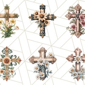 Aquarel bloemen christelijk kruis PNG, religieuze clipart voor sublimatie, op geloof gebaseerde digitale download, afdrukbare paaskruis, bloemenkruis afbeelding 3