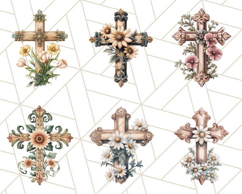 Aquarel bloemen christelijk kruis PNG, religieuze clipart voor sublimatie, op geloof gebaseerde digitale download, afdrukbare paaskruis, bloemenkruis afbeelding 3