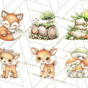 May include: Watercolor illustrations of woodland creatures and elements. The image features a sleeping fox, a log with a tree, a stack of stones with a tree, a deer with a flower crown, a deer, and a group of mushrooms.