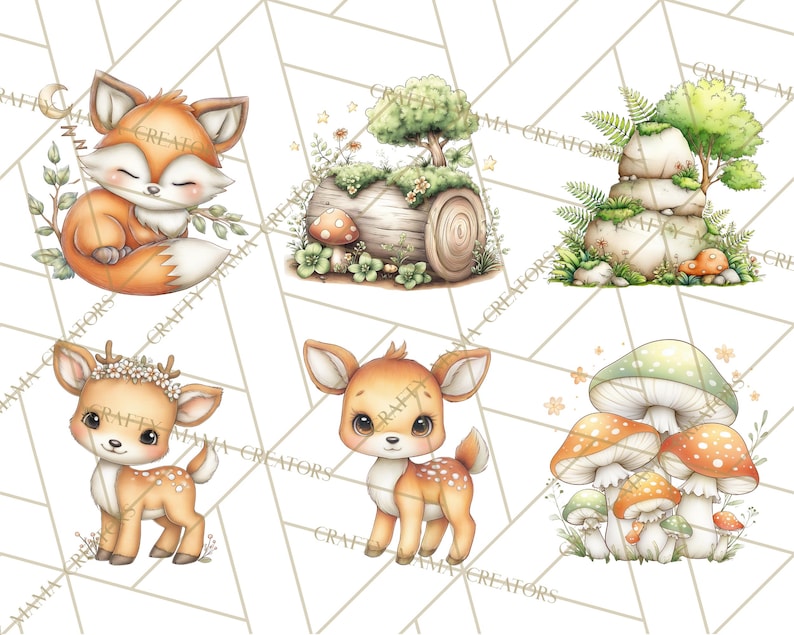 May include: Watercolor illustrations of woodland creatures and elements. The image features a sleeping fox, a log with a tree, a stack of stones with a tree, a deer with a flower crown, a deer, and a group of mushrooms.