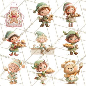 May include: Watercolor illustrations of elves and a bear baking. The elves wear green and white outfits and hats, holding baked goods like pies, cookies, and cupcakes. One elf wears a gingerbread man apron. The background is white with a geometric pattern.