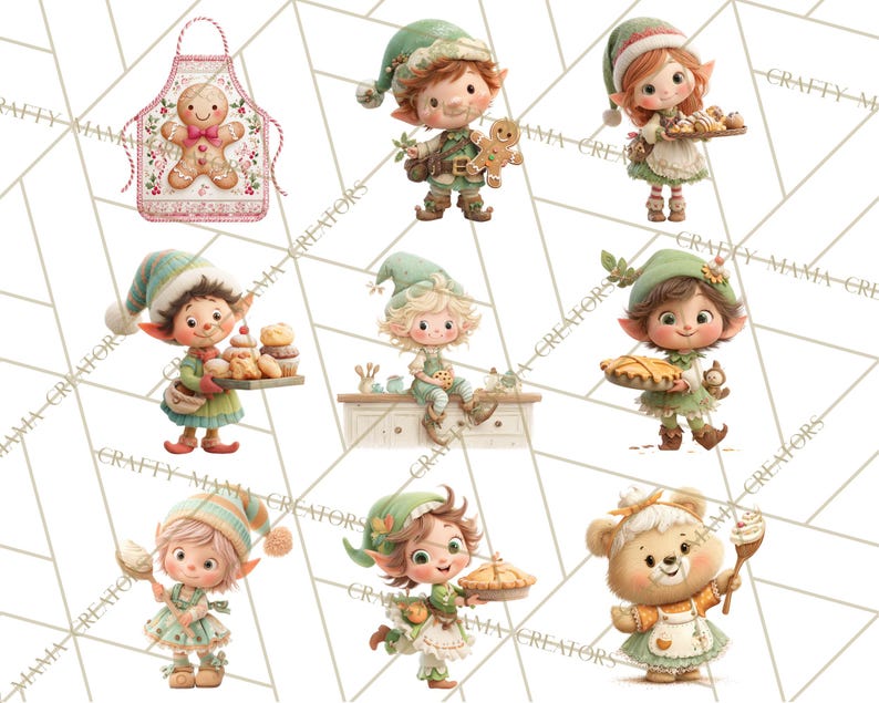 May include: Watercolor illustrations of elves and a bear baking. The elves wear green and white outfits and hats, holding baked goods like pies, cookies, and cupcakes. One elf wears a gingerbread man apron. The background is white with a geometric pattern.