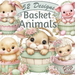 May include: A digital illustration featuring adorable baby animals in pastel-colored baskets. The image includes a bunny, pig, chick, lamb, and bunny, with the text "52 Designs Basket Animals" at the top. The overall theme is Easter and springtime.