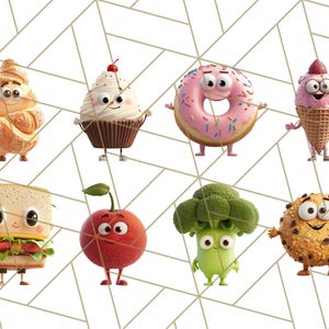 May include: A collection of cartoon food characters with smiling faces. The characters include a croissant, cupcake, donut, ice cream cone, sandwich, cherry, broccoli, and a cookie.