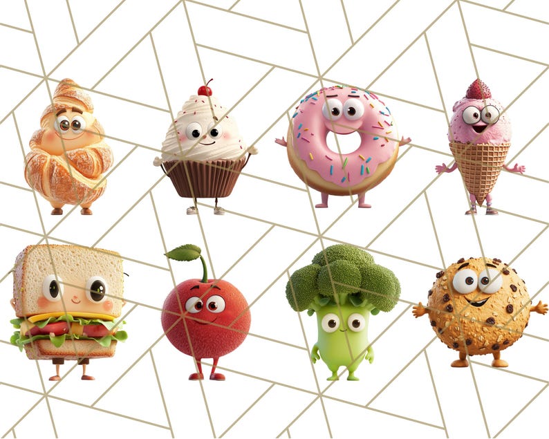 May include: A collection of cartoon food characters with smiling faces. The characters include a croissant, cupcake, donut, ice cream cone, sandwich, cherry, broccoli, and a cookie.
