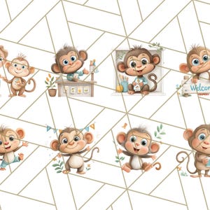 May include: A collection of whimsical illustrations featuring cartoon monkeys in various poses. Some monkeys are depicted with a person, at a counter, holding a welcome sign, or with a camera. The background has a white and gold geometric pattern.