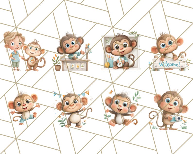 May include: A collection of whimsical illustrations featuring cartoon monkeys in various poses. Some monkeys are depicted with a person, at a counter, holding a welcome sign, or with a camera. The background has a white and gold geometric pattern.