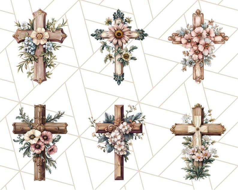 Aquarel bloemen christelijk kruis PNG, religieuze clipart voor sublimatie, op geloof gebaseerde digitale download, afdrukbare paaskruis, bloemenkruis afbeelding 9