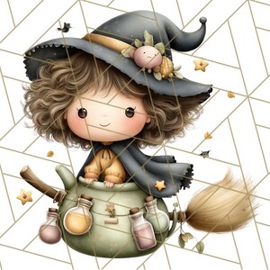 May include: A whimsical illustration of a cartoon witch with curly brown hair, wearing a black hat and cape, riding in a green cauldron. The witch is holding a broom and surrounded by potion bottles and stars, perfect for Halloween.