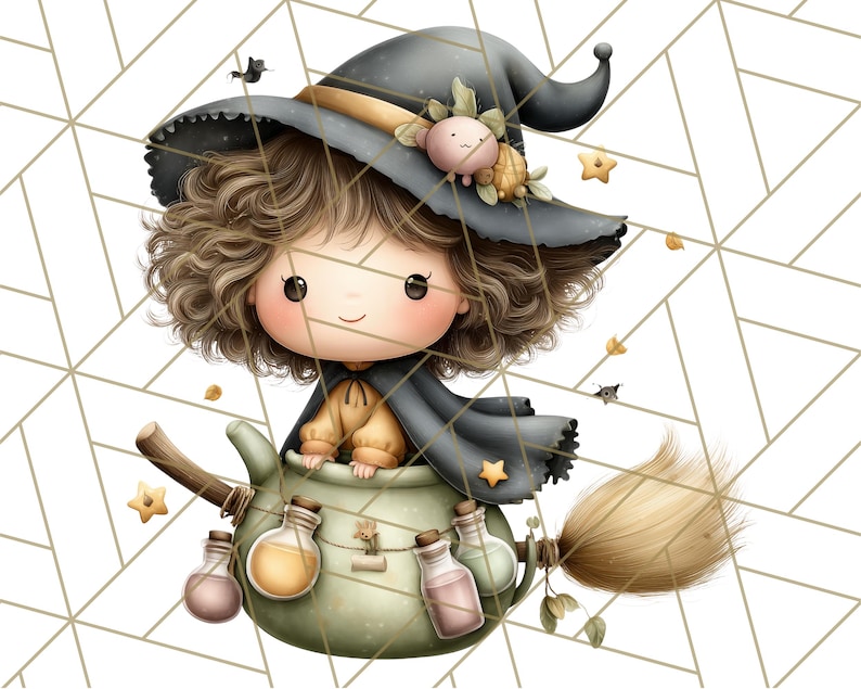 May include: A whimsical illustration of a cartoon witch with curly brown hair, wearing a black hat and cape, riding in a green cauldron. The witch is holding a broom and surrounded by potion bottles and stars, perfect for Halloween.