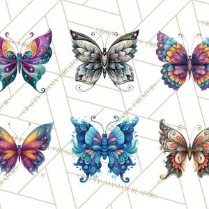 Puede incluir: Seis ilustraciones de mariposas coloridas con patrones intrincados y efectos de acuarela. Las mariposas presentan una variedad de colores, incluyendo morado, azul, naranja y turquesa. El texto "CRAFTY MAMA CREATORS" es visible en el fondo.