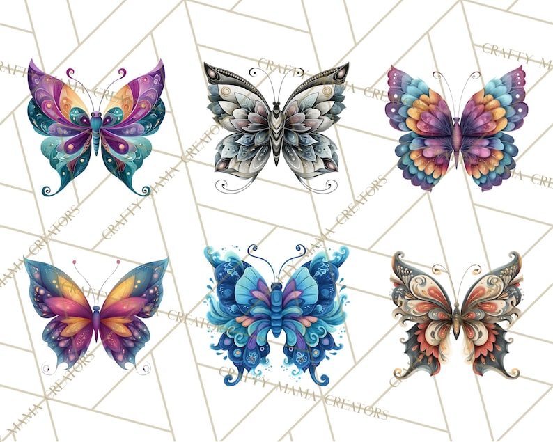 Puede incluir: Seis ilustraciones de mariposas coloridas con patrones intrincados y efectos de acuarela. Las mariposas presentan una variedad de colores, incluyendo morado, azul, naranja y turquesa. El texto "CRAFTY MAMA CREATORS" es visible en el fondo.