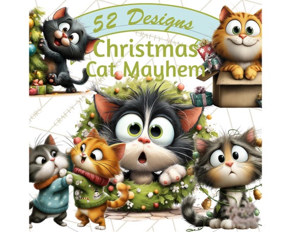 52 Png, Christmas Chaos Cats Clipart, PNG Funny Holiday Cats, Tangled in Lights, Wrapping Paper, Christmas Tree Trouble, Printable Cat Art