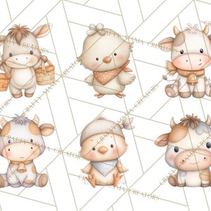 Peut inclure: Illustrations &agrave; l'aquarelle d'animaux de la ferme, dont un &acirc;ne portant des paniers, des poussins avec des bandanas et des vaches avec des cloches. Les animaux, de style dessin anim&eacute;, pr&eacute;sentent des couleurs douces sur fond blanc.