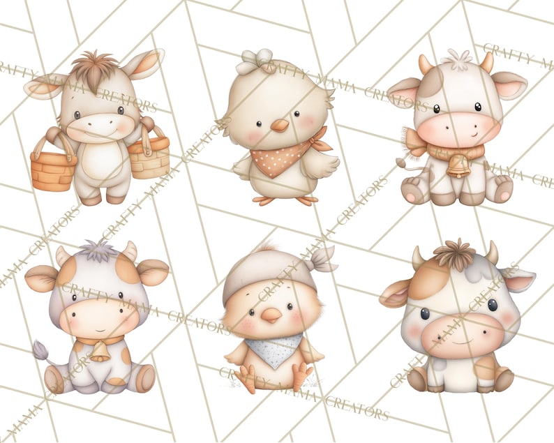 Peut inclure: Illustrations &agrave; l'aquarelle d'animaux de la ferme, dont un &acirc;ne portant des paniers, des poussins avec des bandanas et des vaches avec des cloches. Les animaux, de style dessin anim&eacute;, pr&eacute;sentent des couleurs douces sur fond blanc.