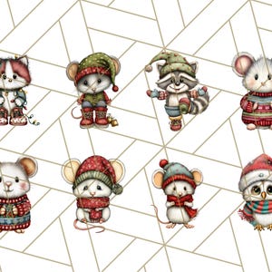May include: A collection of eight Christmas-themed illustrations of adorable animals. The animals include a cat, mice, a raccoon, and an owl, all dressed in festive winter attire like hats, scarves, and sweaters. The background features a geometric pattern.