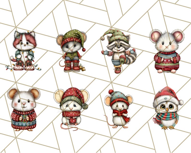 May include: A collection of eight Christmas-themed illustrations of adorable animals. The animals include a cat, mice, a raccoon, and an owl, all dressed in festive winter attire like hats, scarves, and sweaters. The background features a geometric pattern.