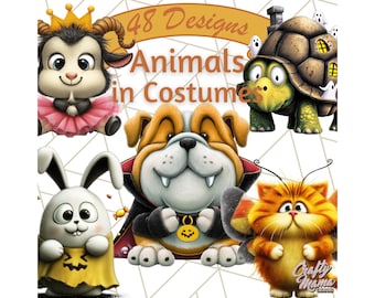 Könnte beinhalten: Digitales Kunstbild mit Cartoon-Tieren in Kostümen. Eine Ziege in einem Tutu, eine Schildkröte mit einem Haus auf dem Rücken, eine Bulldogge in einem Vampirumhang, ein Hase in einem Umhang und eine Katze mit Candy-Corn-Flügeln sind abgebildet. Der Text lautet "48 Designs Animals in Costumes."