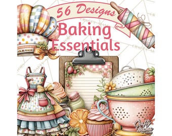 56 Png, Kitchen Clipart, Baking Tools PNG, Cooking Icons, Printable Food Art, Pastel Clip Art, Mixer, Whisk, Apron, Cupcake Tray