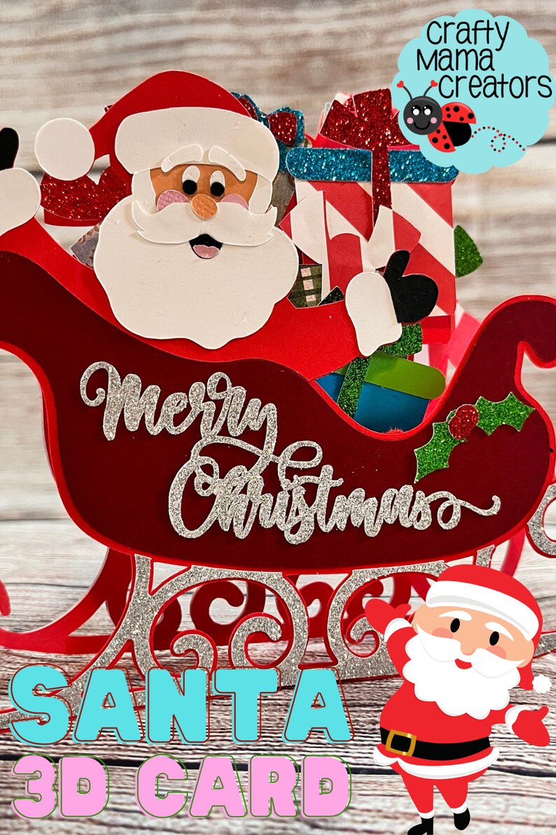 K&ouml;nnte beinhalten: Eine rote und wei&szlig;e 3D-Weihnachtskarte mit einem roten Schlitten, Geschenken und dem Schriftzug "Frohe Weihnachten".
