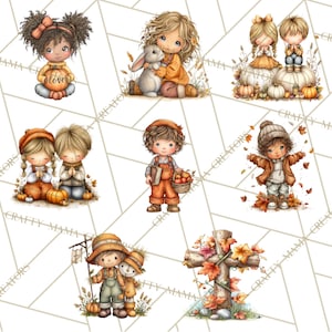May include: A collection of watercolor illustrations featuring children and autumn themes. The images include children with pumpkins, a bunny, and fall foliage. The color palette is warm, with oranges, browns, and yellows. The text "love" is on a pumpkin.