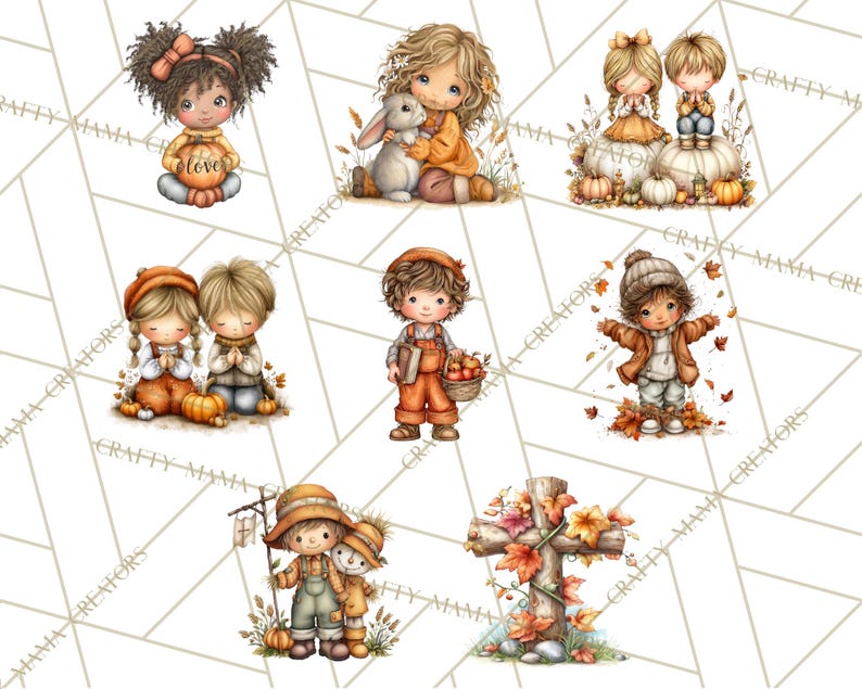 May include: A collection of watercolor illustrations featuring children and autumn themes. The images include children with pumpkins, a bunny, and fall foliage. The color palette is warm, with oranges, browns, and yellows. The text "love" is on a pumpkin.